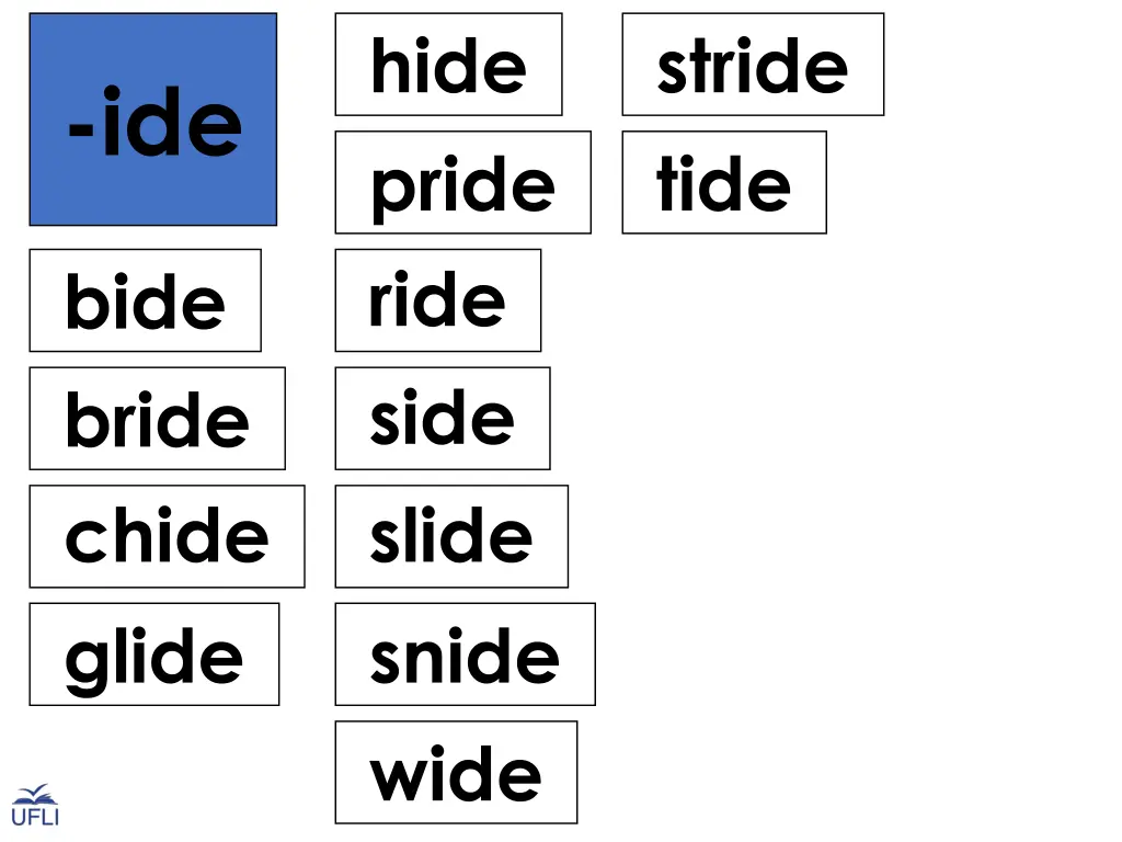 hide pride ride side slide snide wide