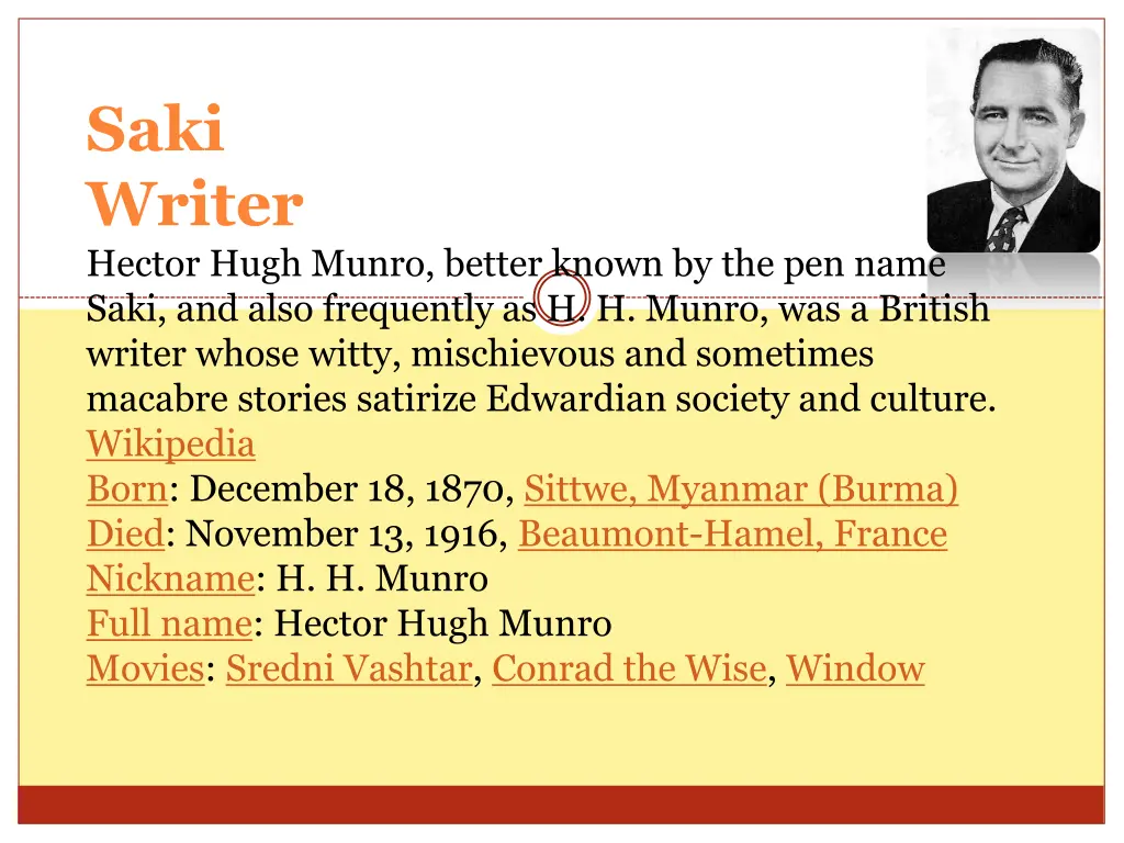 saki writer hector hugh munro better known