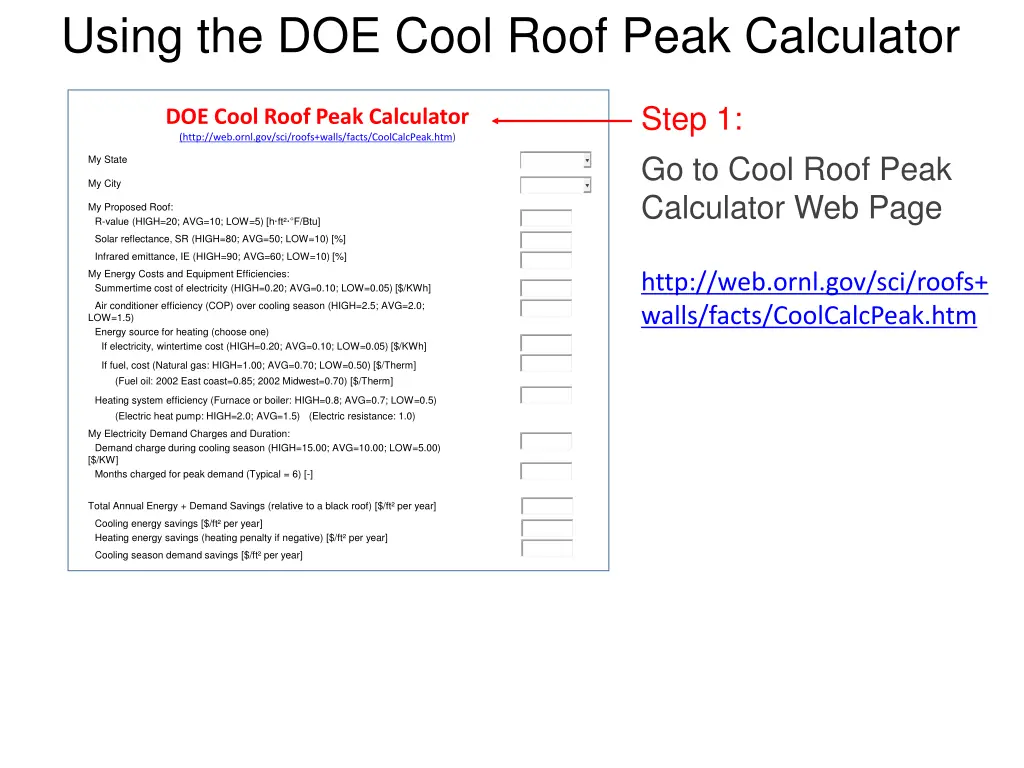 using the doe cool roof peak calculator