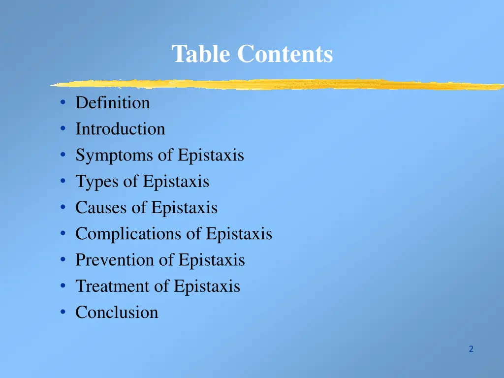 table contents