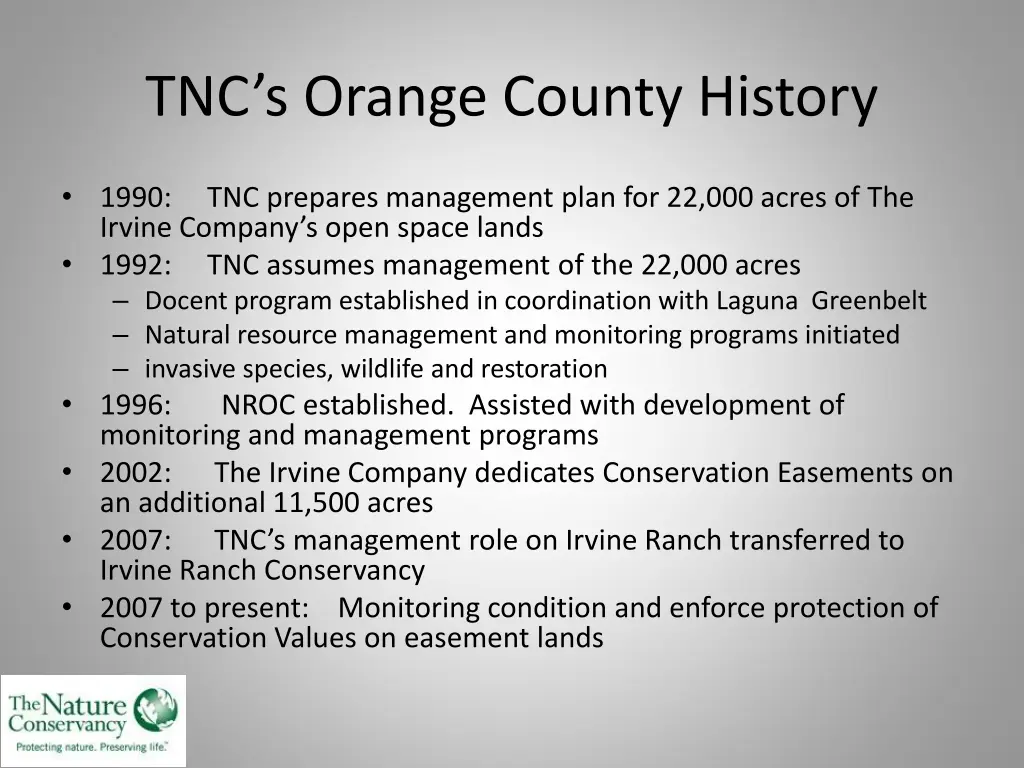 tnc s orange county history