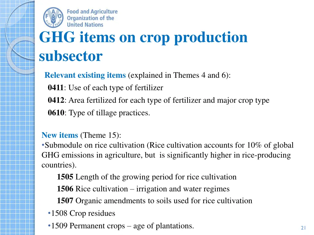 ghg items on crop production subsector