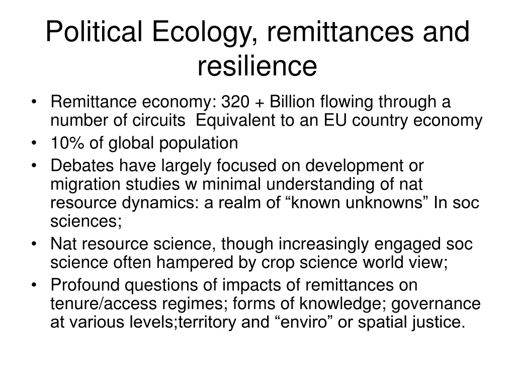 political ecology remittances and resilience