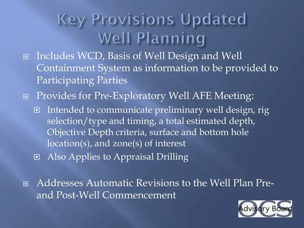 includes wcd basis of well design and well