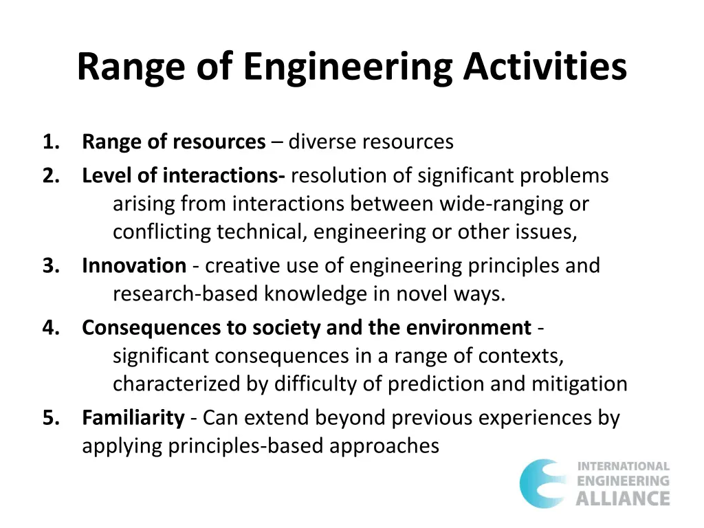 range of engineering activities