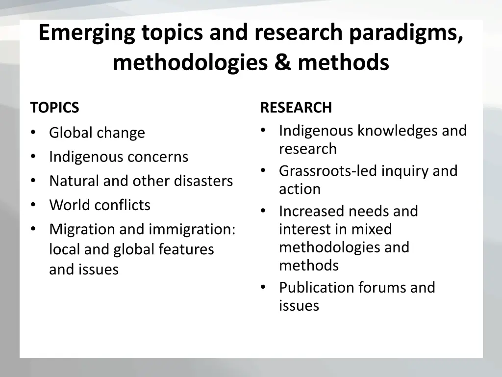 emerging topics and research paradigms