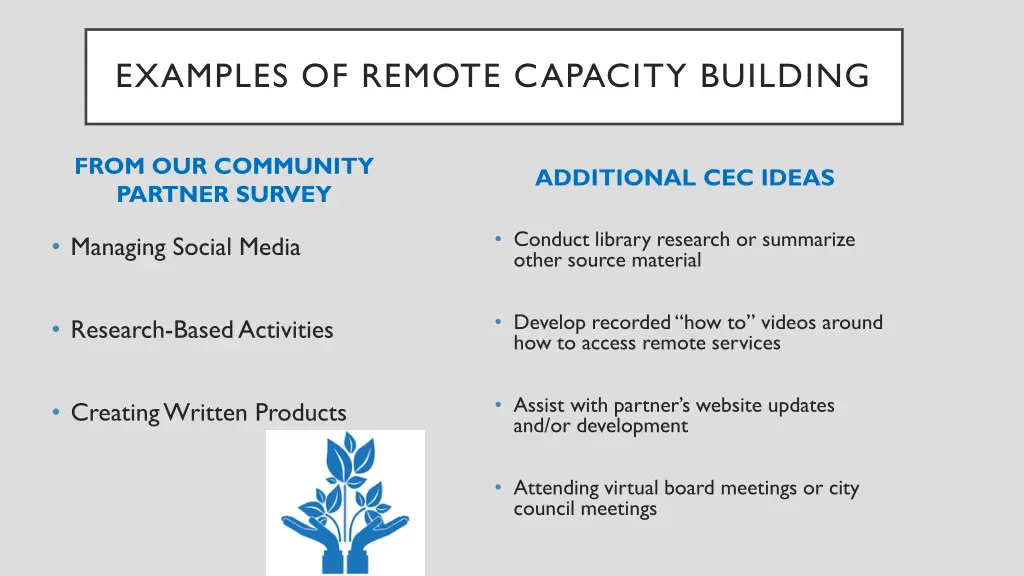 examples of remote capacity building