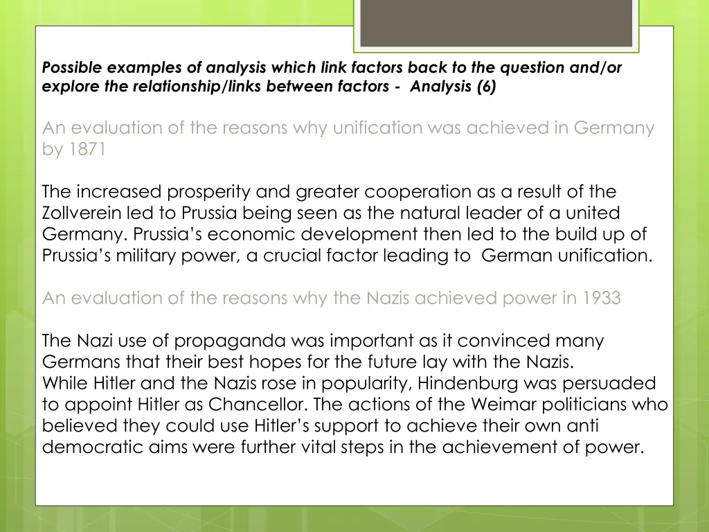 possible examples of analysis which link factors 1