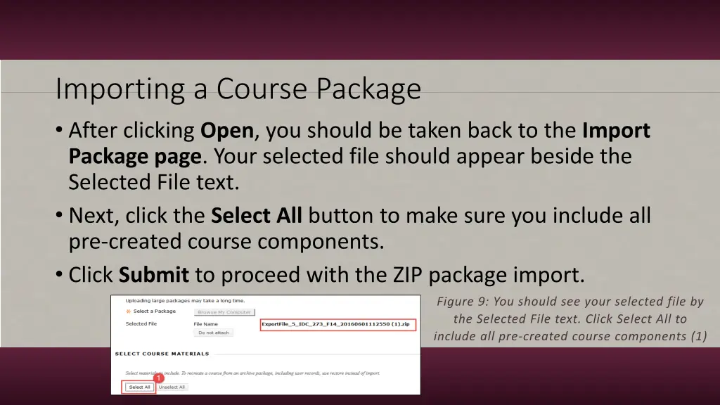 importing a course package after clicking open