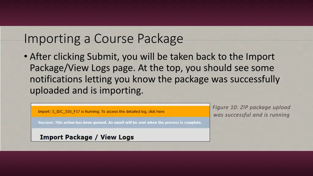 importing a course package after clicking submit