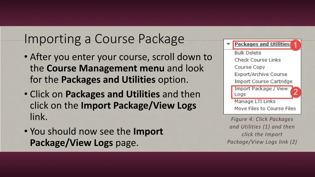 importing a course package after you enter your