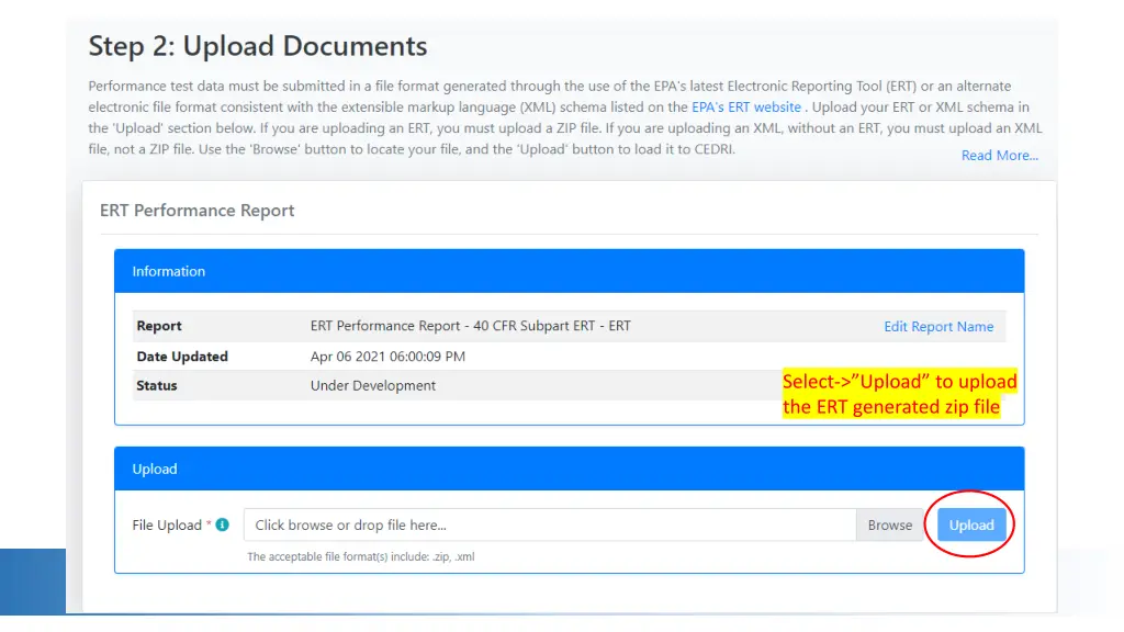 select upload to upload the ert generated zip file