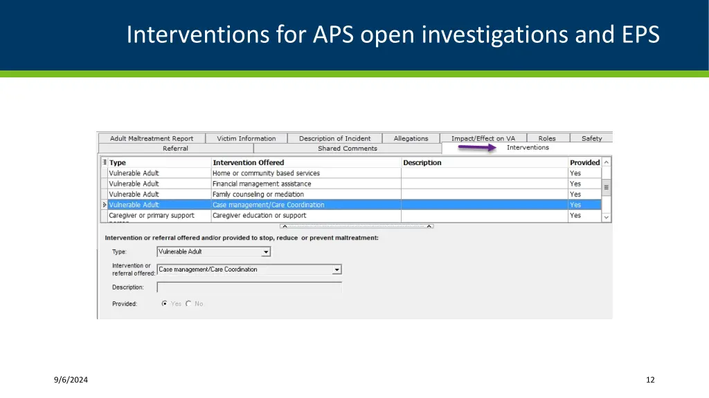 interventions for aps open investigations and eps