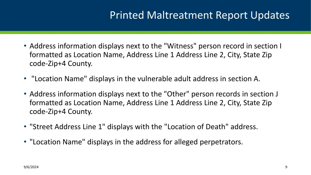 printed maltreatment report updates