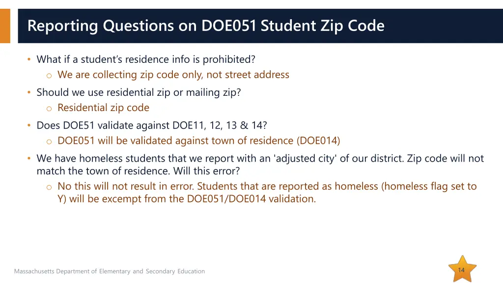 reporting questions on doe051 student zip code