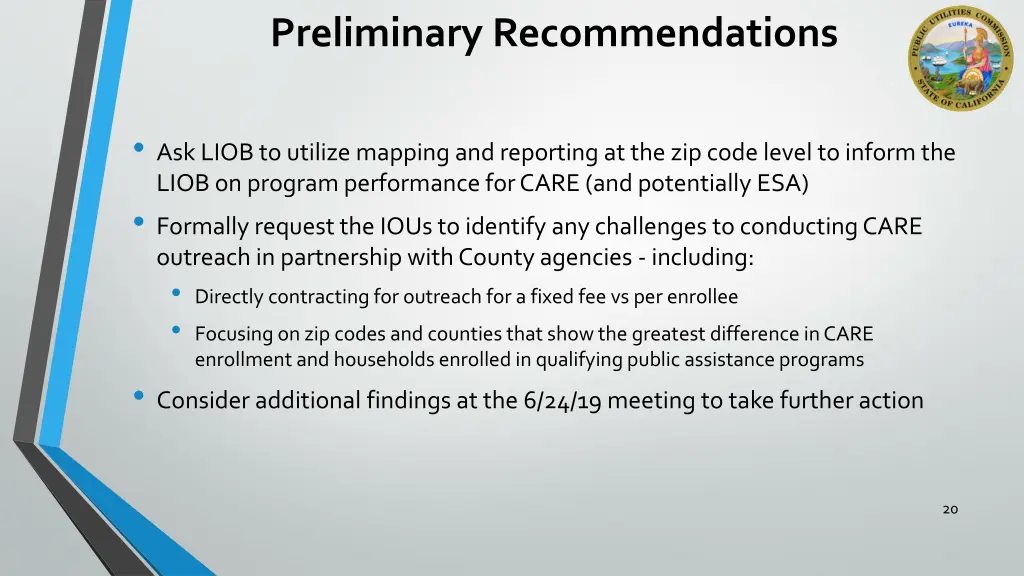 preliminary recommendations