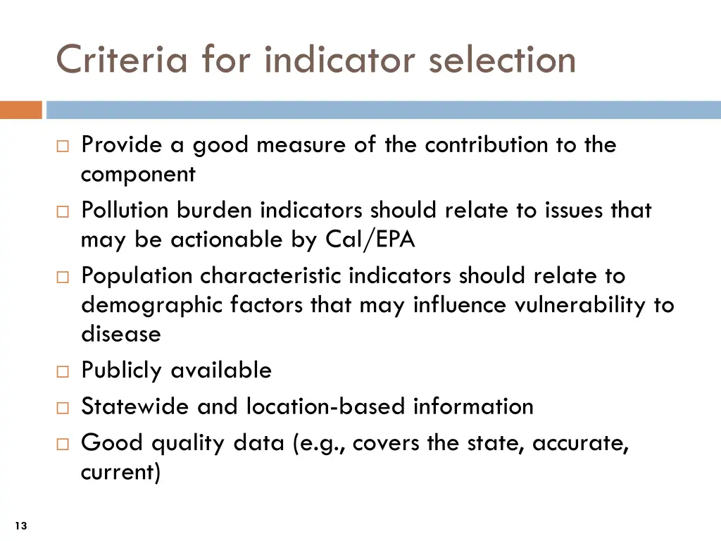 criteria for indicator selection