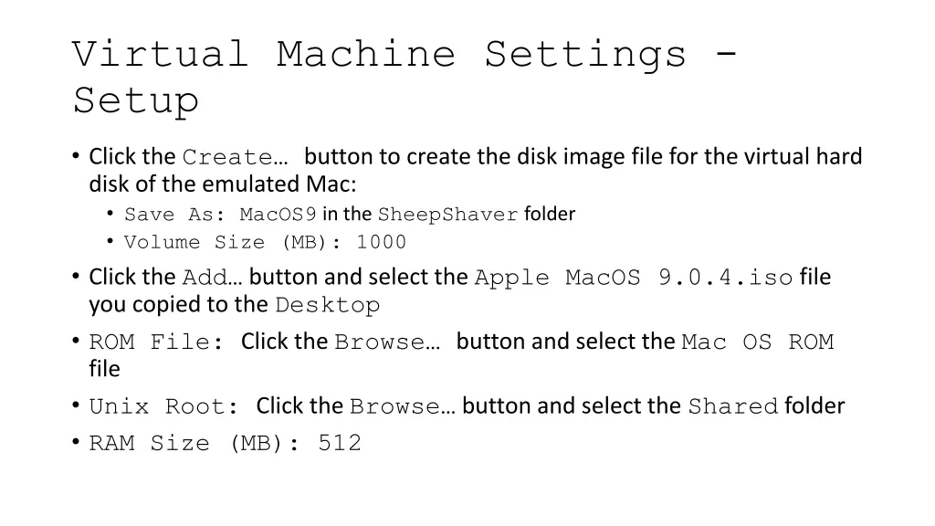 virtual machine settings setup