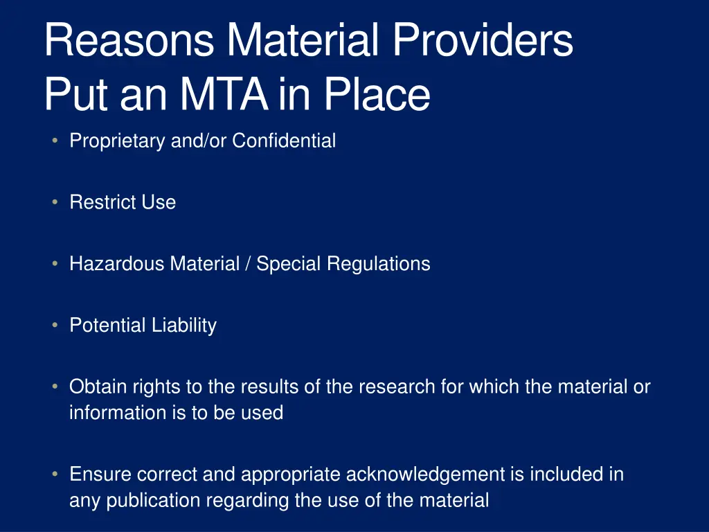 reasons material providers put an mta in place