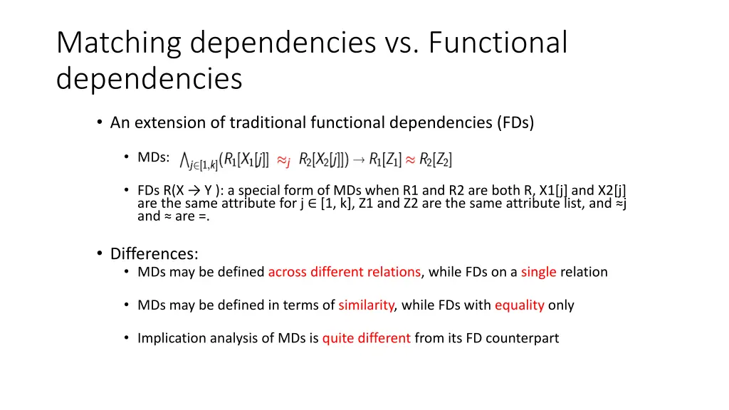 matching dependencies vs functional dependencies