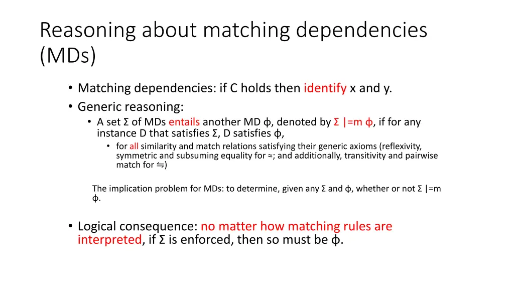 reasoning about matching dependencies mds