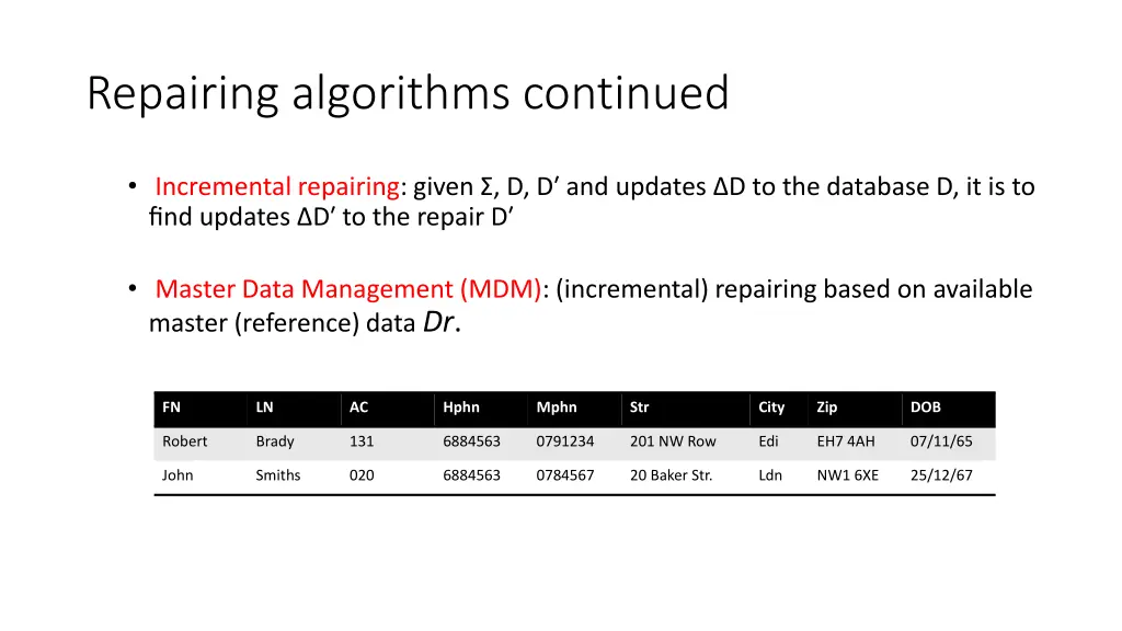 repairing algorithms continued