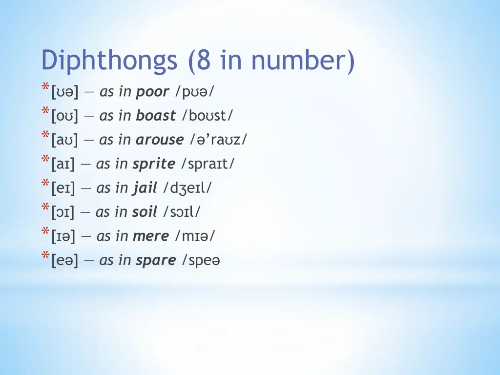 diphthongs 8 in number as in poor p o as in boast