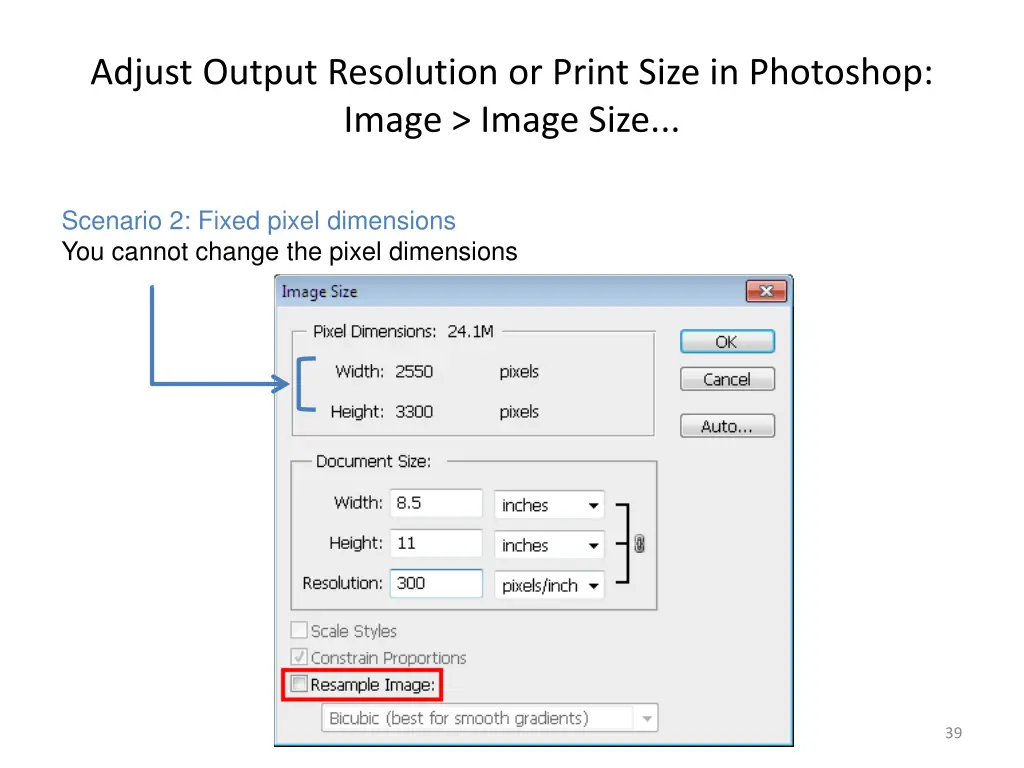 adjust output resolution or print size 1