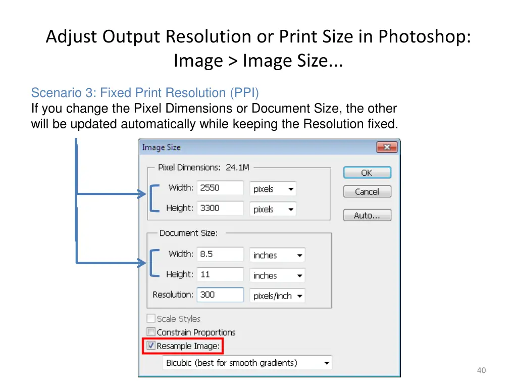 adjust output resolution or print size 2