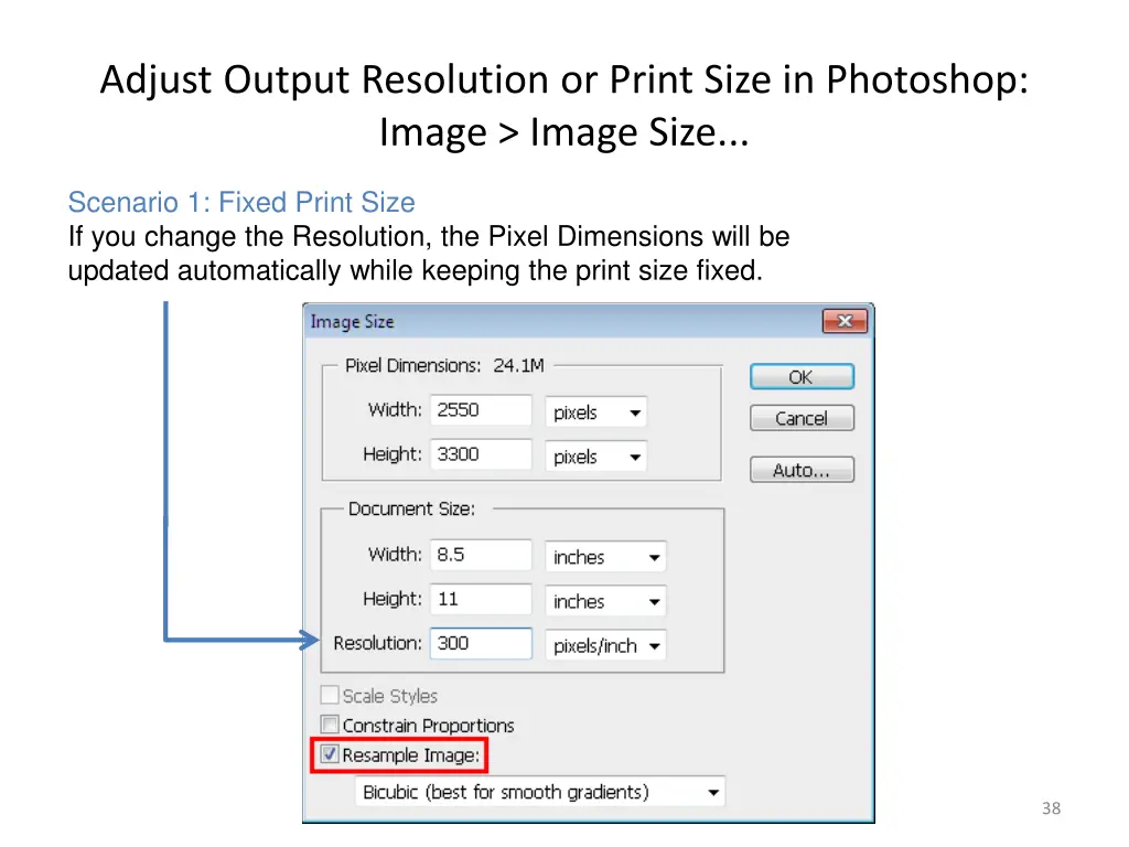 adjust output resolution or print size