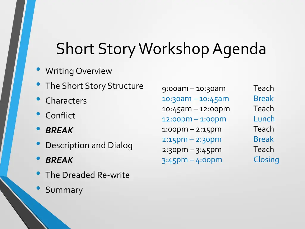 short story workshop agenda writing overview