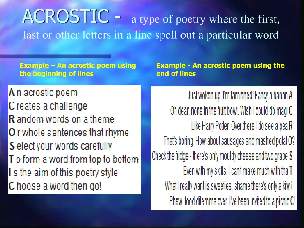 acrostic a type of poetry where the first last