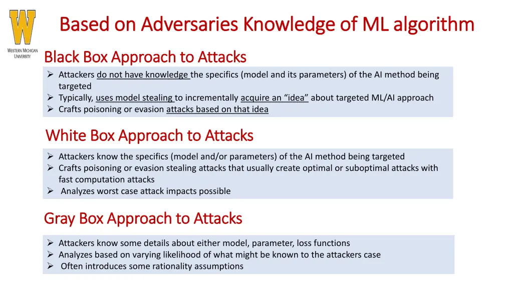 based on adversaries knowledge of ml algorithm