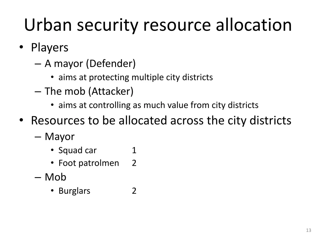 urban security resource allocation players