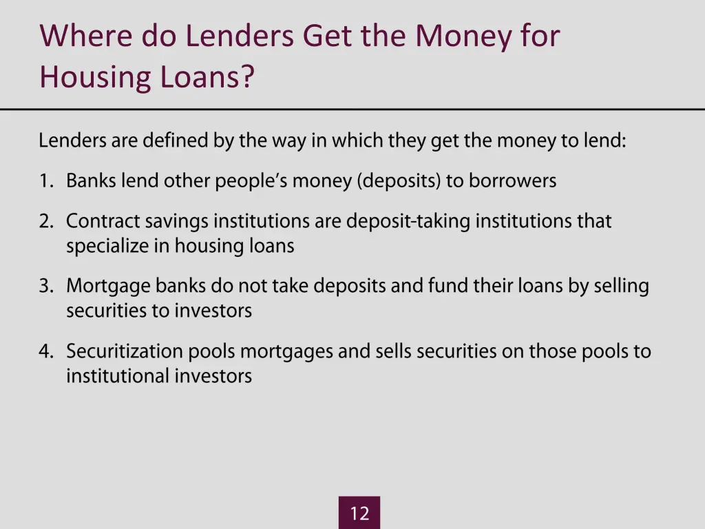 where do lenders get the money for housing loans