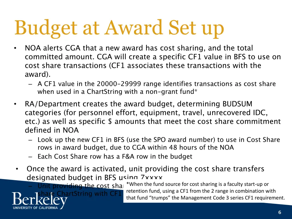 budget at award set up