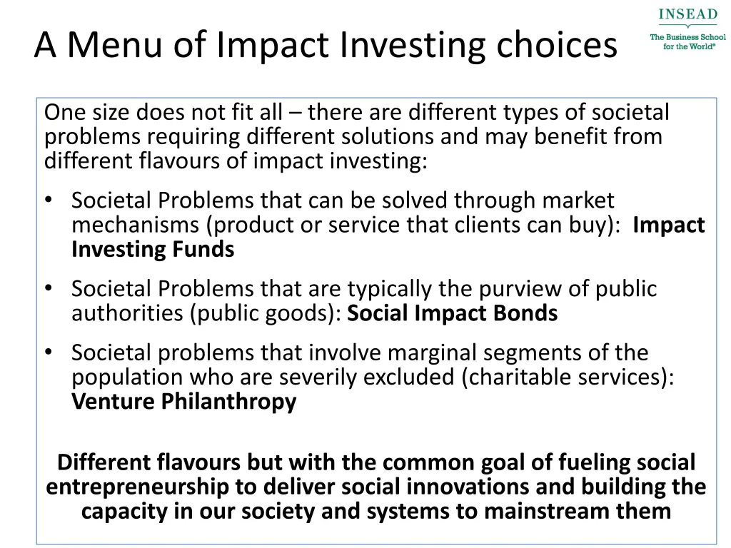 a menu of impact investing choices