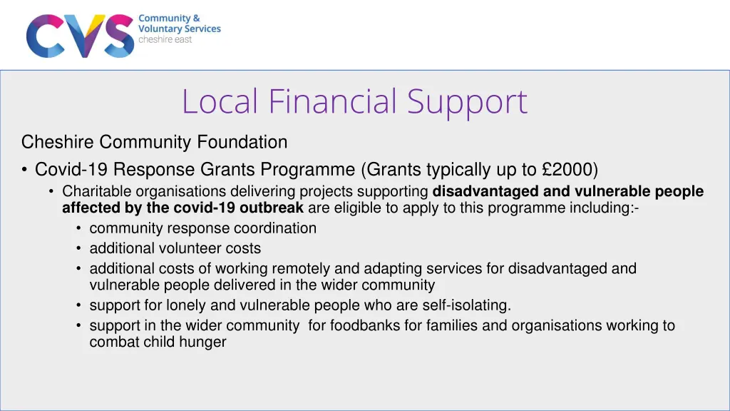 local financial support cheshire community