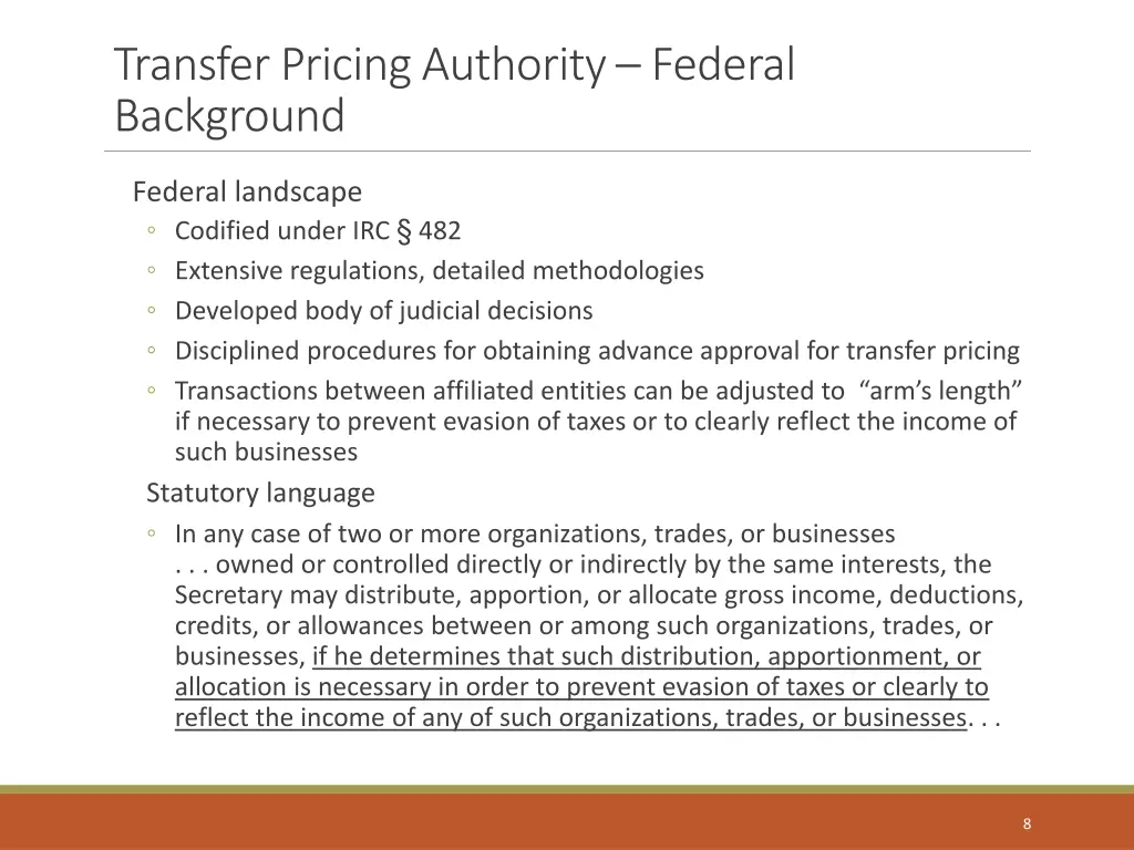 transfer pricing authority federal background