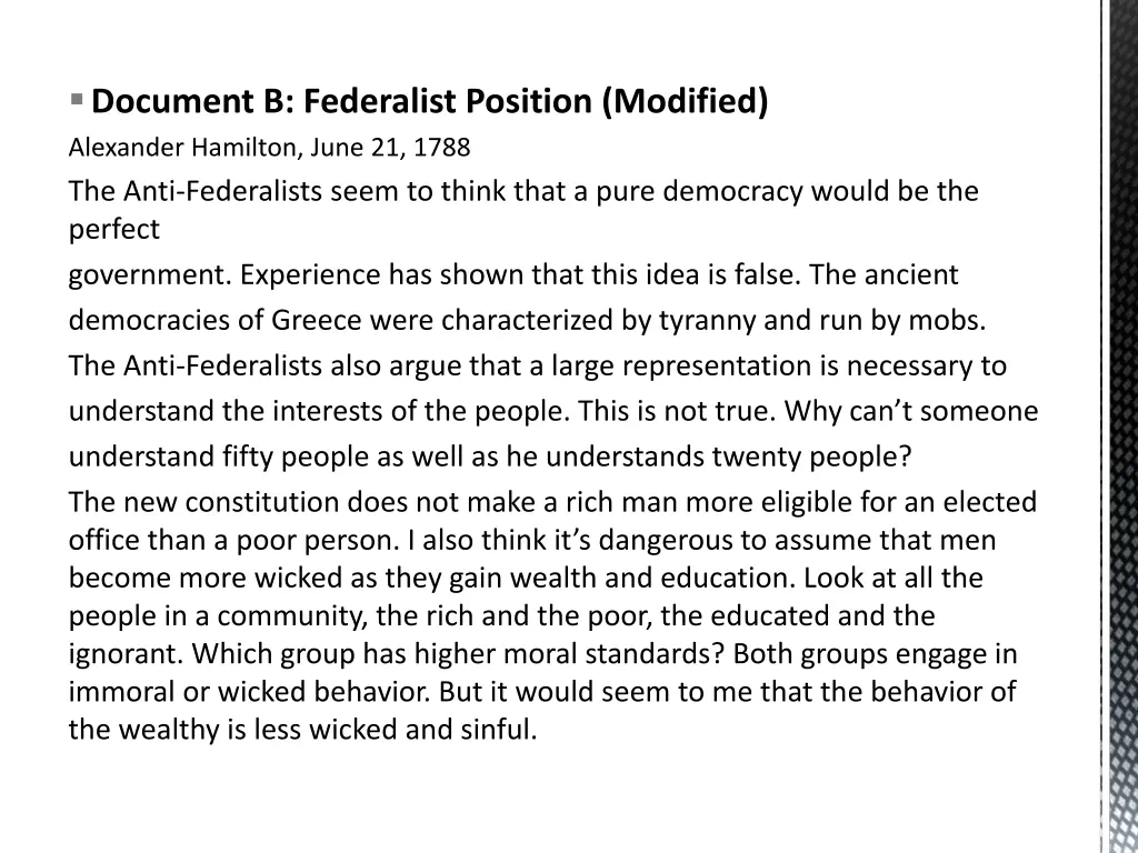 document b federalist position modified alexander