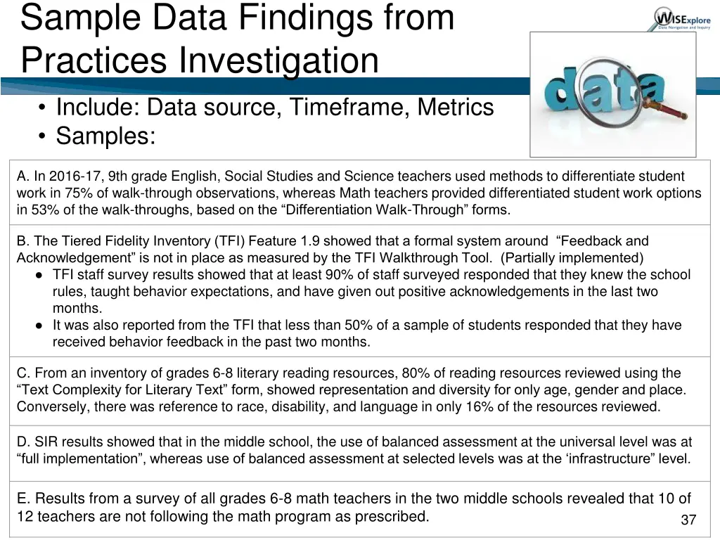 sample data findings from practices investigation