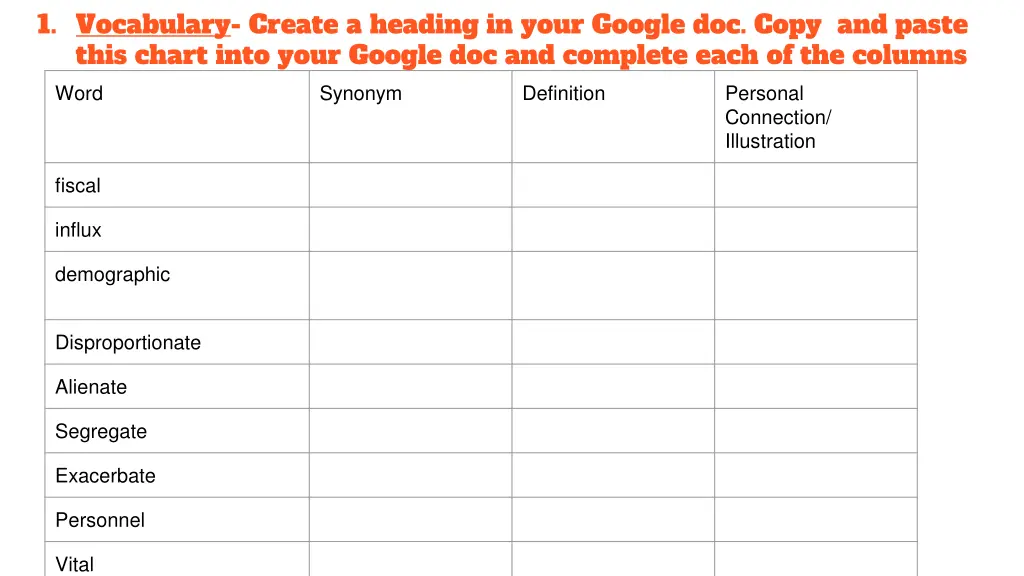 1 vocabulary create a heading in your google