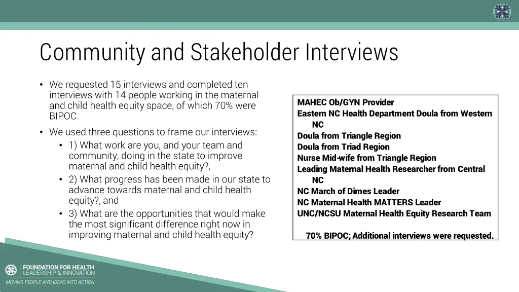 community and stakeholder interviews