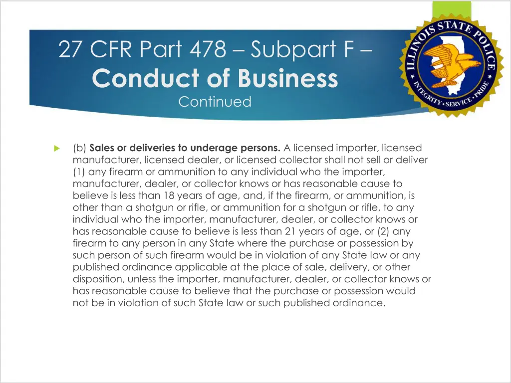 27 cfr part 478 subpart f conduct of business 1