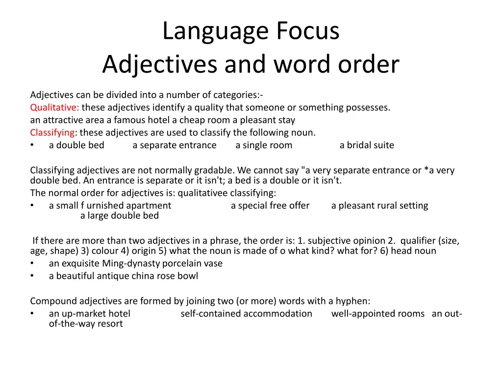 language focus adjectives and word order