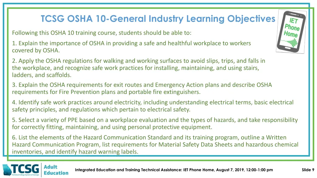 tcsg osha 10 general industry learning objectives