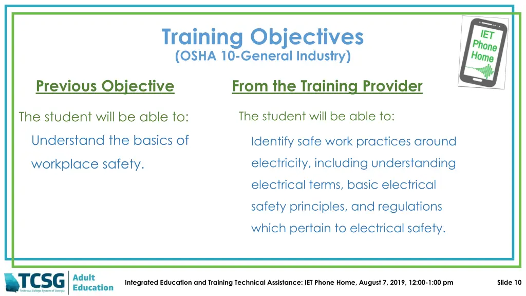 training objectives osha 10 general industry