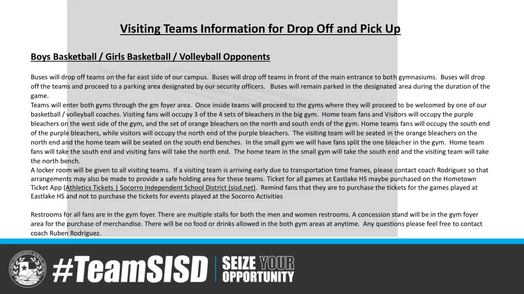 visiting teams information for drop off and pick 5