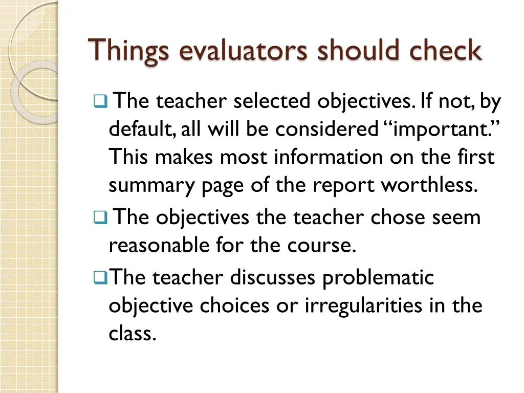 things evaluators should check