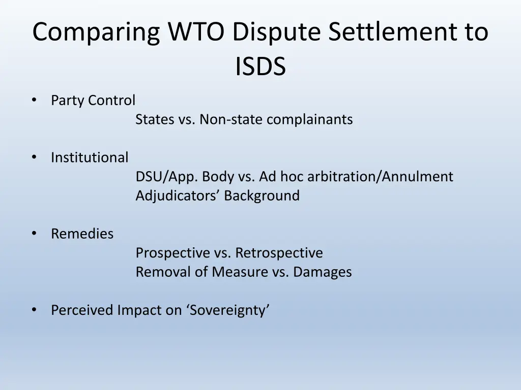 comparing wto dispute settlement to isds